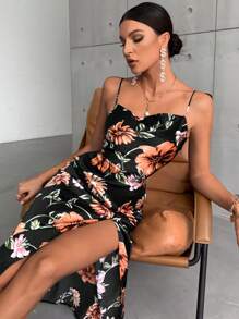 GENKIRA Đầm Vắt Dây kéo Tách cao Hoa Tất cả trên in Thanh lịch - màu đen - Xem 5