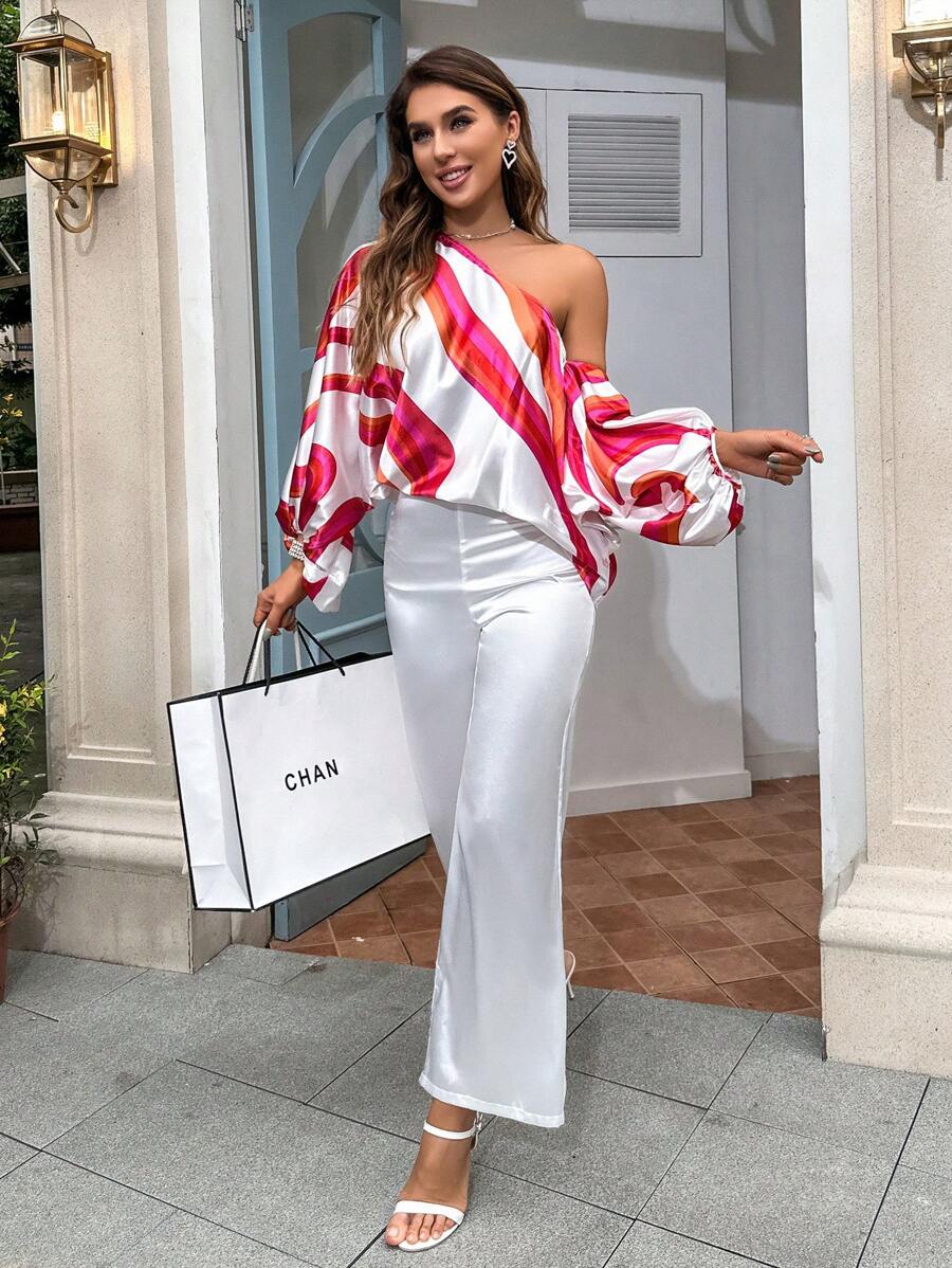 GENKIRA Bộ đồ hai mảnh nữ Hình học Thanh lịch - Đỏ và trắng - Xem 1