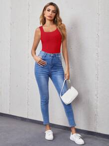 SHEIN Essnce 素色網眼刺繡背心上衣 - 紅色 - 查看 4