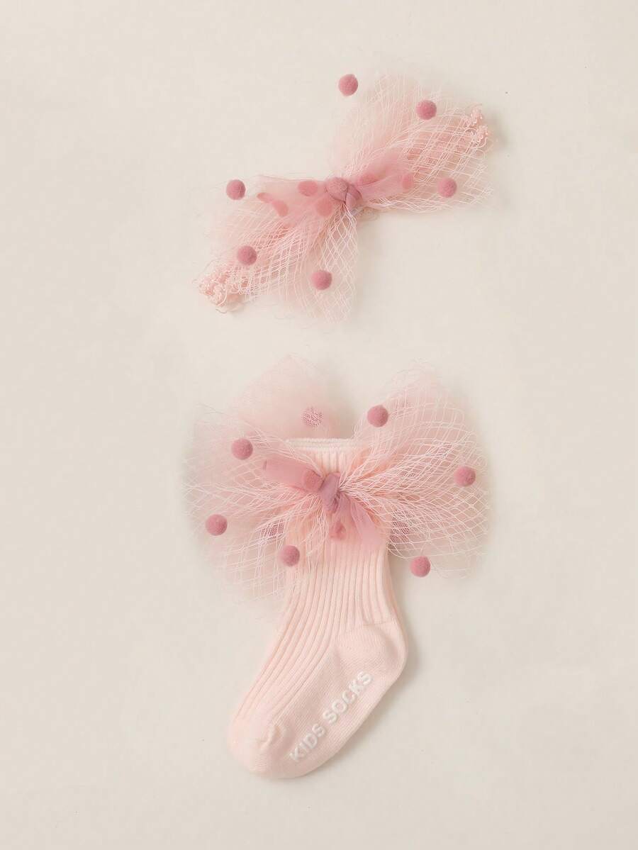 1 Đôi Tất Pom Pom & Nơ Trang Trí Cho Bé Gái & 1 Băng Đô Cài Tóc Cho Cuộc Sống Hàng Ngày - Màu Hồng baby - Xem 1