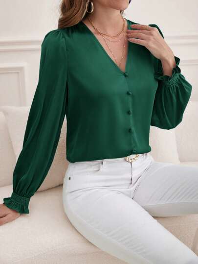SHEIN Frenchy Solid Button Front Flounce Sleeve Blouse Elegant Green Christmas