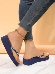 Dép Thời Trang Cho Nữ, Họa Tiết Hoa Mũi Trụ Thiết Kế Xăng Đan Nêm Trượt - Màu xanh lam - Xem 2