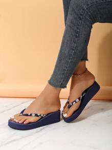 Dép Thời Trang Cho Nữ, Họa Tiết Hoa Mũi Trụ Thiết Kế Xăng Đan Nêm Trượt - Màu xanh lam - Xem 5