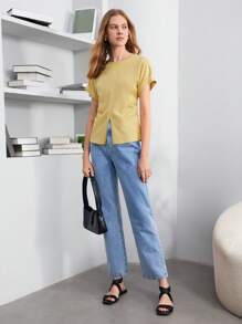 BizChic Áo thun nữ Xù Chia màu trơn Giải trí - Màu vàng - Xem 3