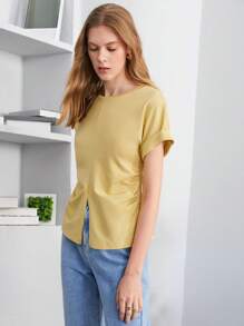 BizChic Áo thun nữ Xù Chia màu trơn Giải trí - Màu vàng - Xem 5