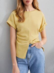 BizChic Áo thun nữ Xù Chia màu trơn Giải trí - Màu vàng - Xem 6