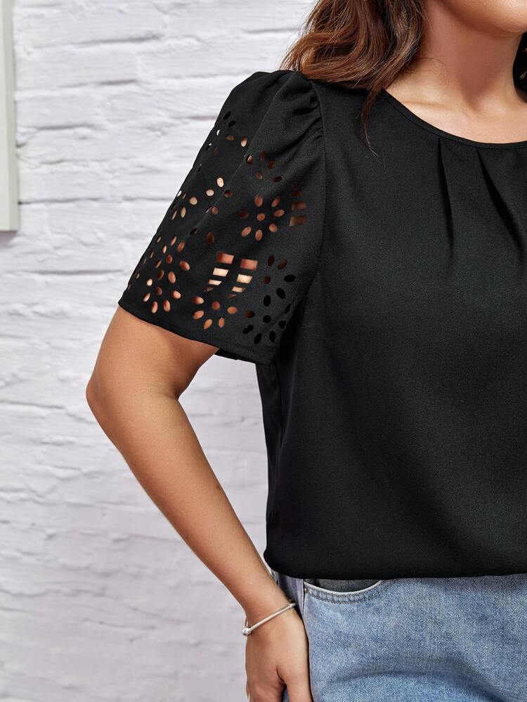 Plus Laser Cut Puff Sleeve Blouse