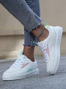 Sporty Sneakers For Women, Colorblock Lace-up Front Skate Shoes - White - View 1