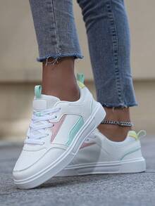 Sporty Sneakers For Women, Colorblock Lace-up Front Skate Shoes - White - View 2