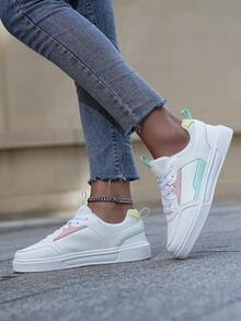 Sporty Sneakers For Women, Colorblock Lace-up Front Skate Shoes - White - View 3
