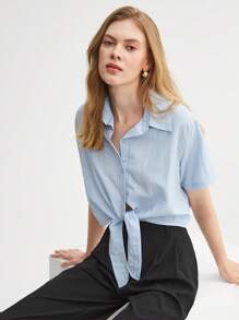 BizChic 前紐扣下擺打結襯衫 - 淺藍色 - 查看 4