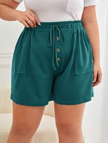 SHEIN Frenchy Plus Knot Waist Button Front Shorts - Teal Blue - View 4