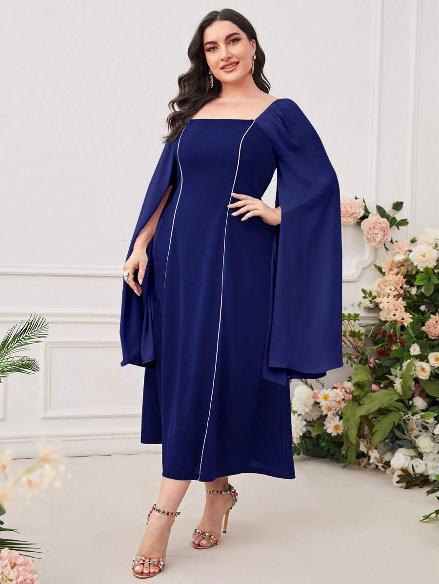 Modelyn Plus Contrast Piping Square Neck Cloak Sleeve Dress - Blue - View 1