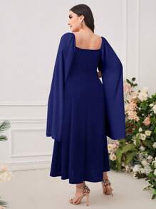 Modelyn Plus Contrast Piping Square Neck Cloak Sleeve Dress - Blue - View 2