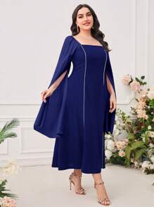 Modelyn Plus Contrast Piping Square Neck Cloak Sleeve Dress - Blue - View 3