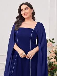 Modelyn Plus Contrast Piping Square Neck Cloak Sleeve Dress - Blue - View 4