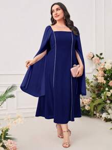 Modelyn Plus Contrast Piping Square Neck Cloak Sleeve Dress - Blue - View 5