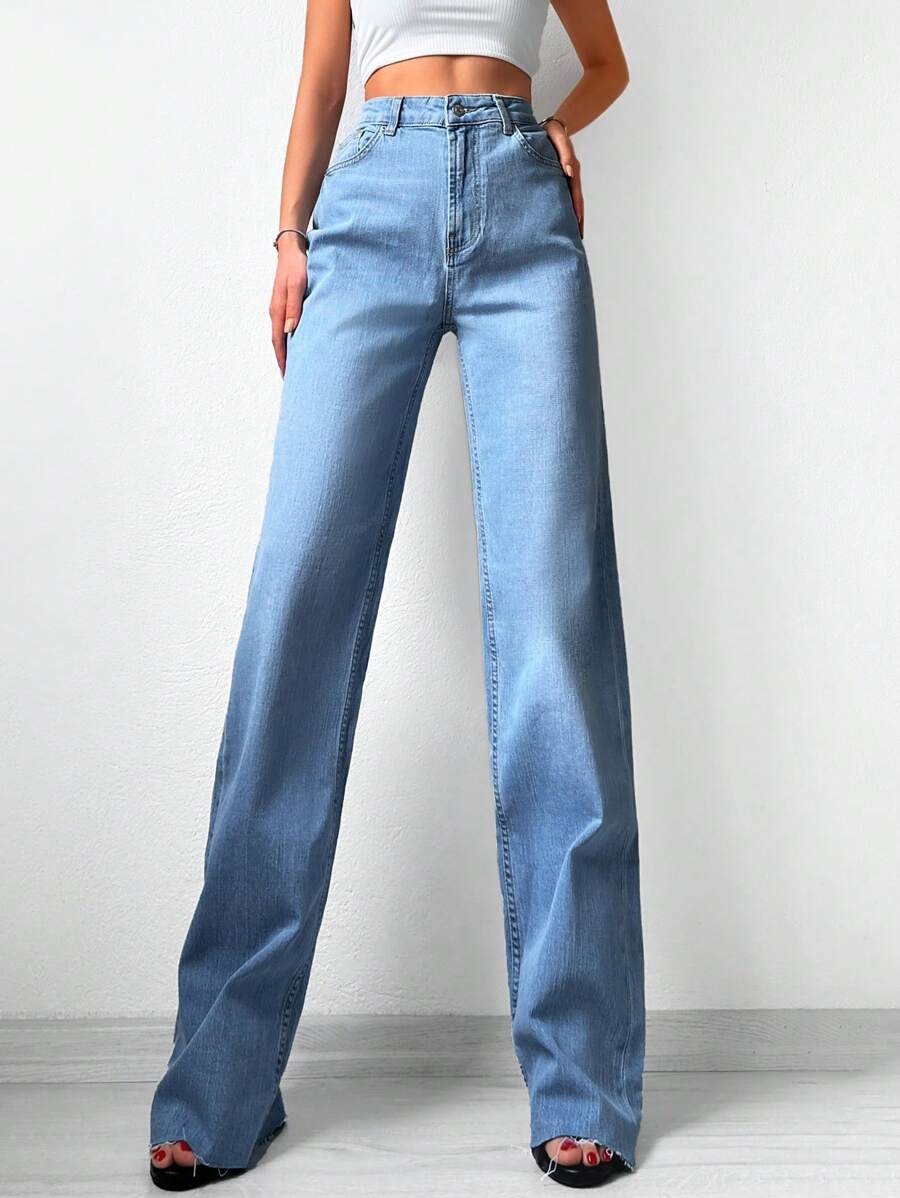 RueChic Casual Washed High Waist Straight Jeans - Light Wash - View 1