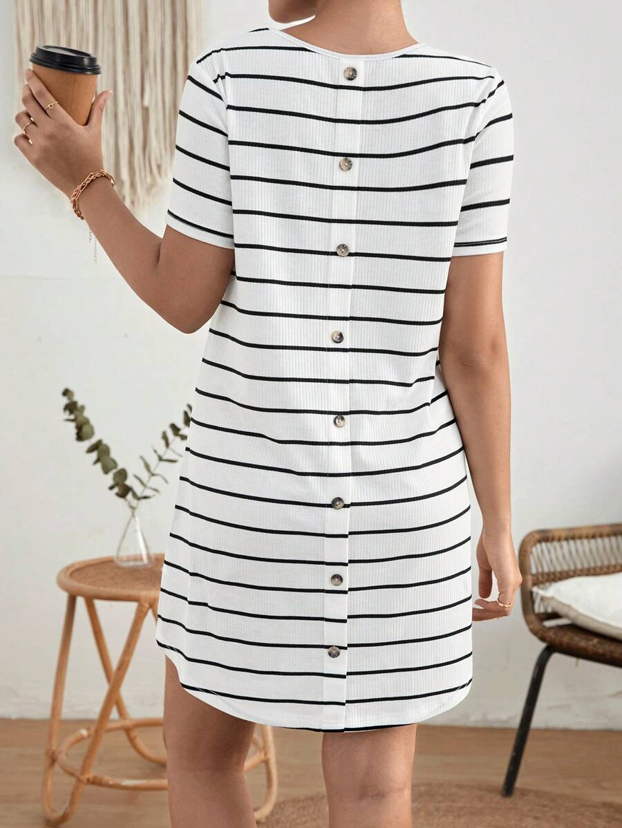 SHEIN Váy Bà bầu Bất đối xứng Nút Sọc Giải trí - trắng - Xem 1