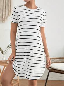 SHEIN Váy Bà bầu Bất đối xứng Nút Sọc Giải trí - trắng - Xem 3