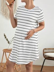 SHEIN Váy Bà bầu Bất đối xứng Nút Sọc Giải trí - trắng - Xem 9