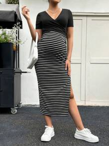 SHEIN Maternidad Camiseta unicolor amamantamiento & Falda de cintura ajustable de rayas - Negro - Ver 4