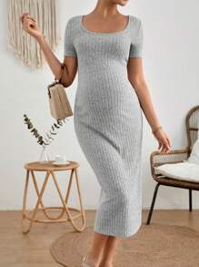 SHEIN Maternidad Vestido unicolor de cuello scoop tejido de canalé - Gris Claro - Ver 1