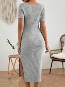 SHEIN Maternidad Vestido unicolor de cuello scoop tejido de canalé - Gris Claro - Ver 2