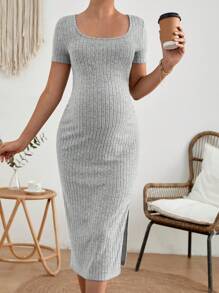 SHEIN Maternidad Vestido unicolor de cuello scoop tejido de canalé - Gris Claro - Ver 5