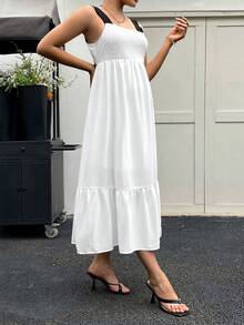 SHEIN Maternidad Vestido de tirantes de espalda abierta con cordón bajo con fruncido - Blanco - Ver 4