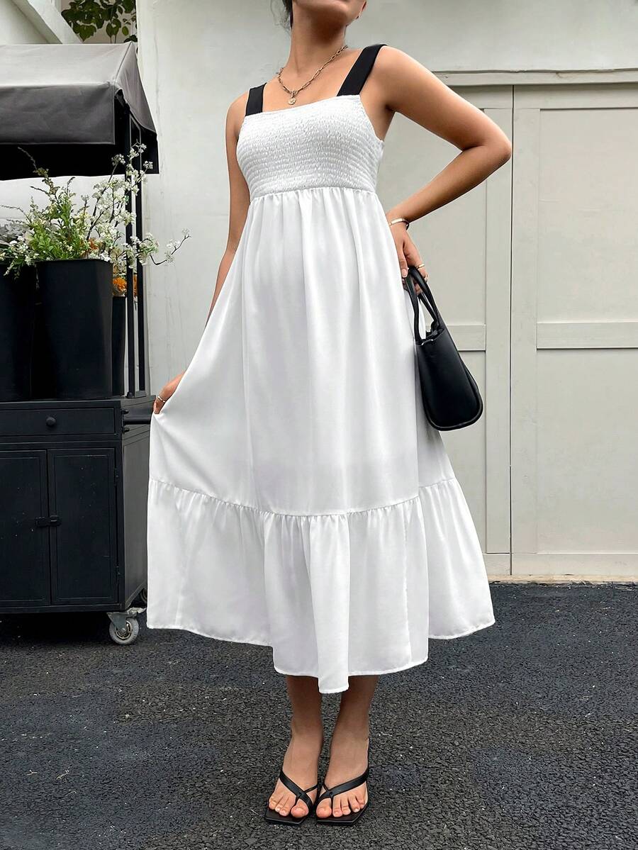 SHEIN Maternidad Vestido de tirantes de espalda abierta con cordón bajo con fruncido - Blanco - Ver 1