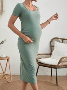SHEIN Maternity Solid Scoop Neck Bodycon Dress - Green - View 5