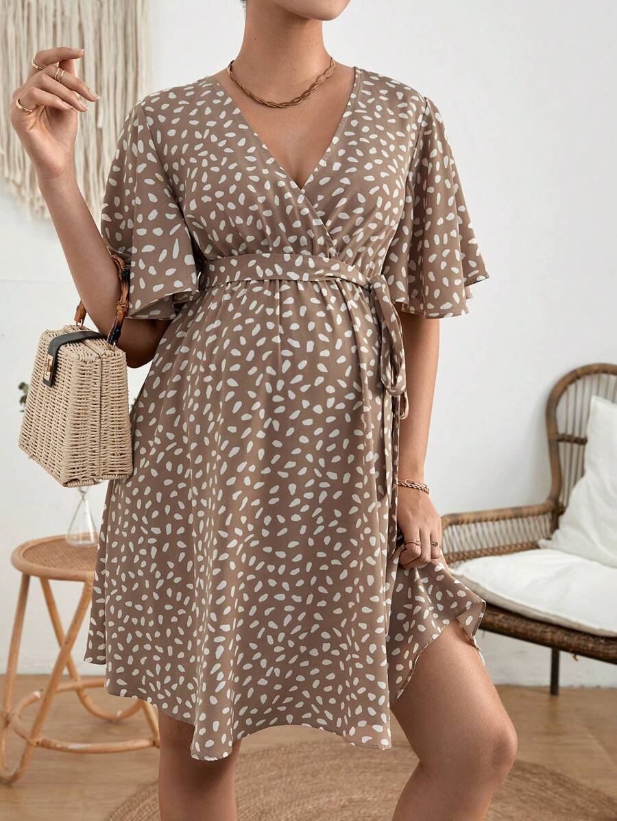 SHEIN 孕婦滿版印花蝴蝶袖繫腰帶連衣裙 - 彩色 - 查看 1