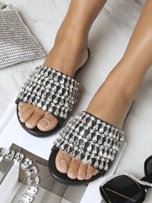 Hauture Jeweled Round Toe Slip-On Flat Sandals