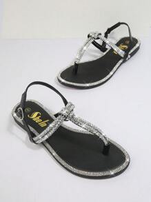 Jeweled Ankle Strap Thong Flat Sandals - Black - View 2