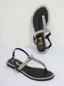 Jeweled Ankle Strap Thong Flat Sandals - Black - View 4