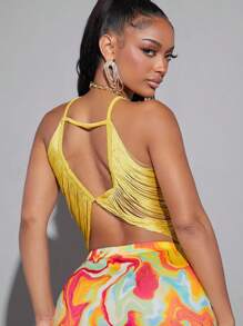 Hauture Nhiều lớp Sọc Che phủ Áo hai dây - Màu vàng - Xem 2