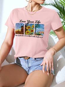 SHEIN EZwear Camiseta con slogan & con estampado floral - Rosa Pálido - Ver 1