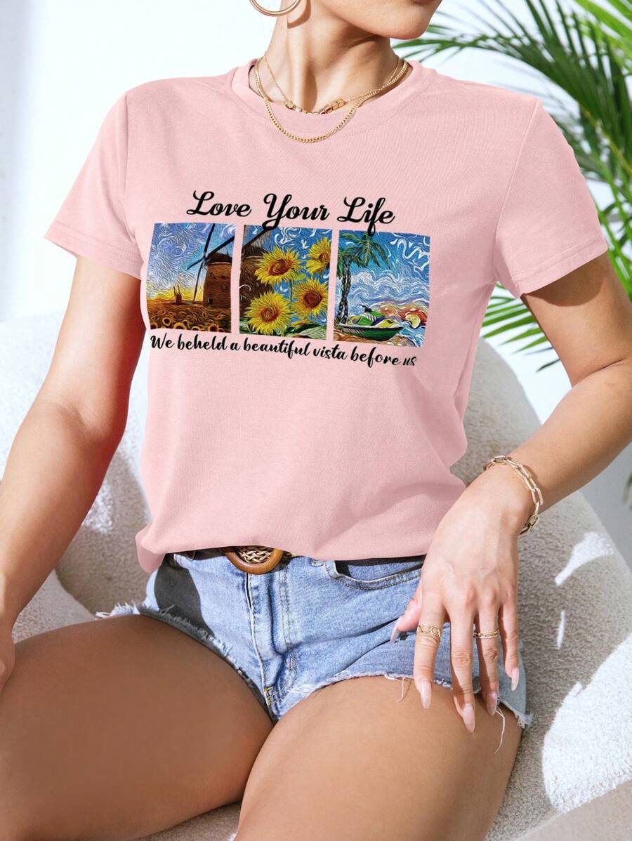 SHEIN EZwear Camiseta con slogan & con estampado floral - Rosa Pálido - Ver 1