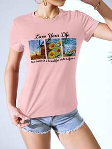 SHEIN EZwear Camiseta con slogan & con estampado floral - Rosa Pálido - Ver 3