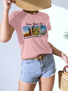 SHEIN EZwear Camiseta con slogan & con estampado floral - Rosa Pálido - Ver 4
