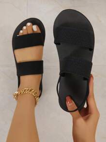 女式简约百搭时尚坡跟平底角斗士凉鞋，黑色圆头轻便夏威夷派对学生室内软底沙滩鞋，夏季 - 黑色 - 查看 2