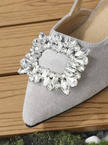 Women Rhinestone Decor Slingback Flats, Faux Suede Point Toe Glamorous Flats - Grey - View 3