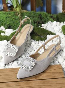 Women Rhinestone Decor Slingback Flats, Faux Suede Point Toe Glamorous Flats - Grey - View 5