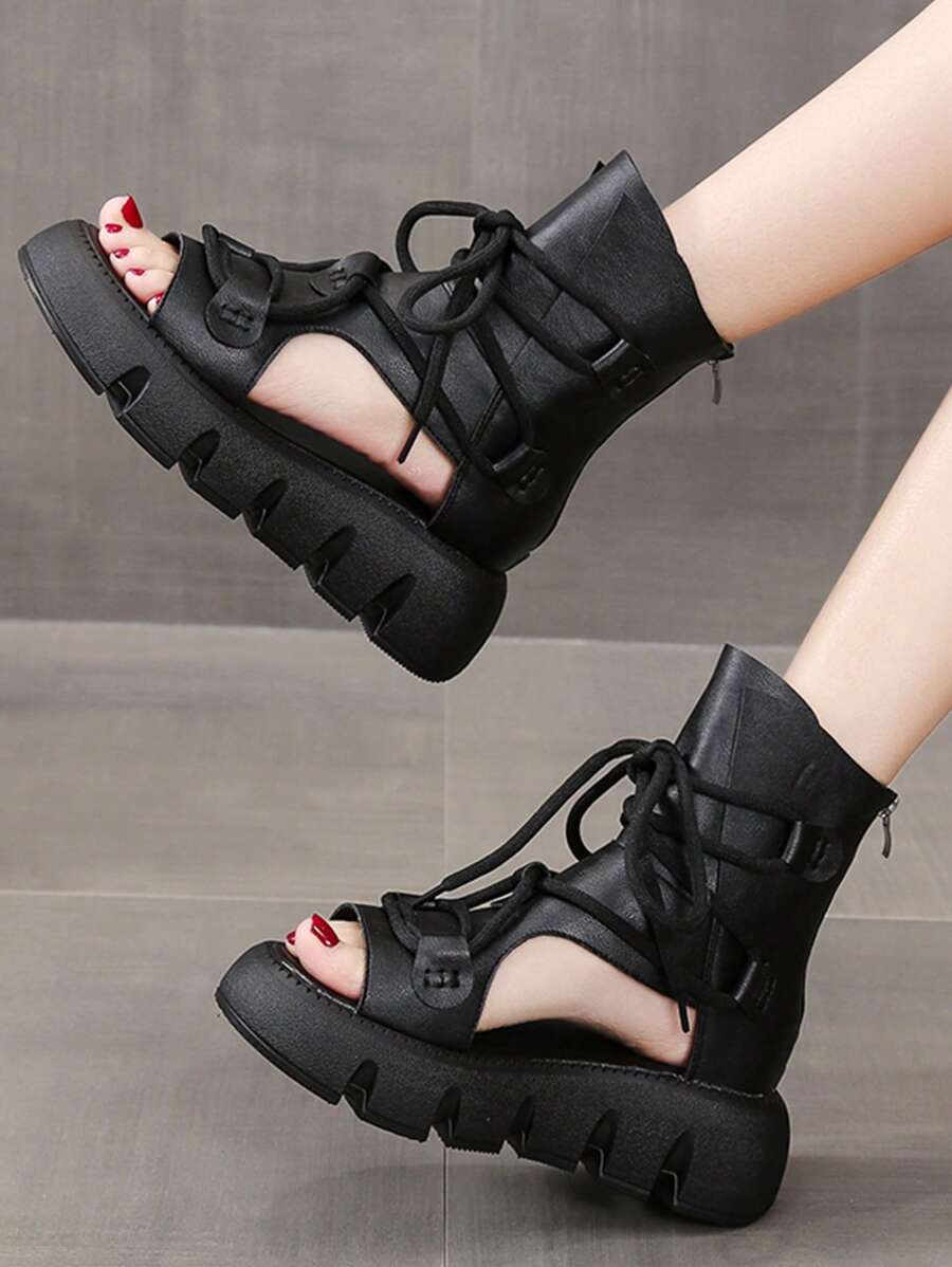 Giày Sandal Nữ Đế Bằng Có Dây Buộc Phía Trước, Giày Bốt Thời Trang - màu đen - Xem 1