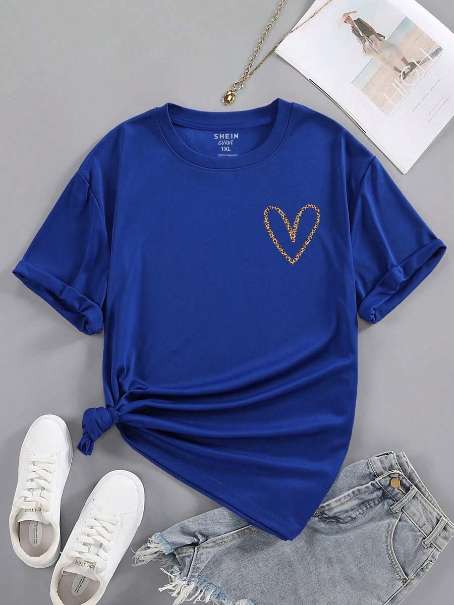 SHEIN EZwear Áo thun Plus size Tim Giải trí - Xanh đậm - Xem 1