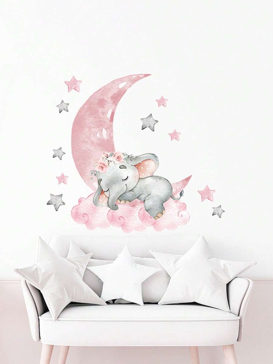 Pink Moon Stars Sleeping Elephant Wall Sticker - Multicolor - View 1