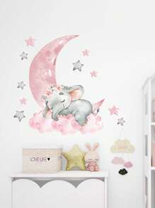 Pink Moon Stars Sleeping Elephant Wall Sticker - Multicolor - View 2