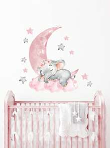 Pink Moon Stars Sleeping Elephant Wall Sticker - Multicolor - View 4
