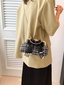 Túi hình vòm họa tiết kẻ sọc Nơ trang trí Tay cầm trên cùng - màu đen - Xem 2